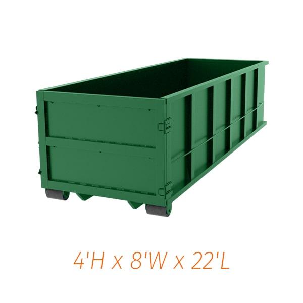 the 20-yard dumpsters can be used for a variety of materials including construction debris, household junk, and yard waste